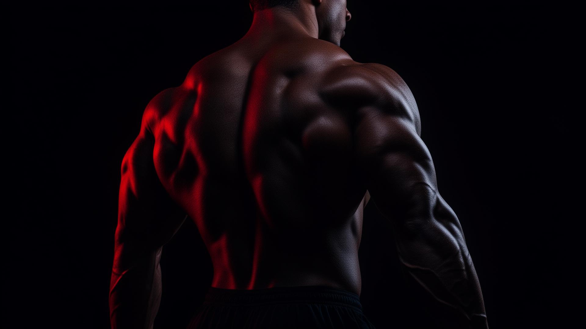 Enhanced bodybuilder back pose under dramatic red light